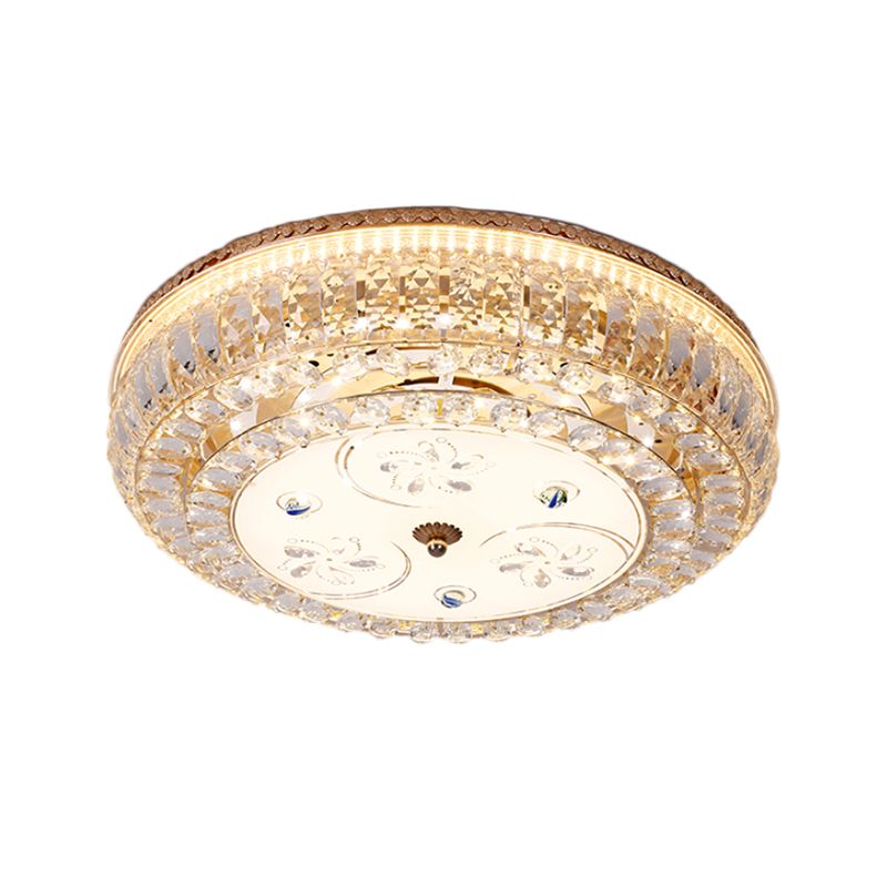 Plafonnier LED à tambour moderniste en cristal transparent avec diffuseur en verre et motif fleur/papillon doré
