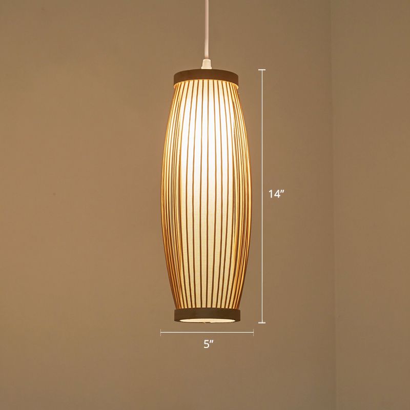 Elongated Oval Bamboo Ceiling Light Modern Single Wood Hanging Pendant Light for Restaurant