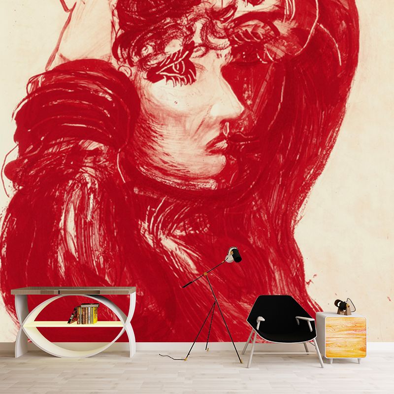 Red Celia Painting Wallpaper Murals Moisture Resistant Wall Art for Living Room, Non-Woven