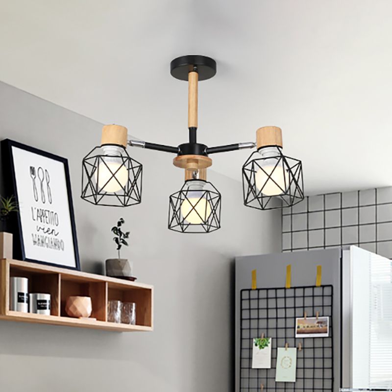 Cage Semi Flush Lamp Nordic Iron 3/6/8-Head Black/Green/Gold Ceiling Drop Pendant Lighting