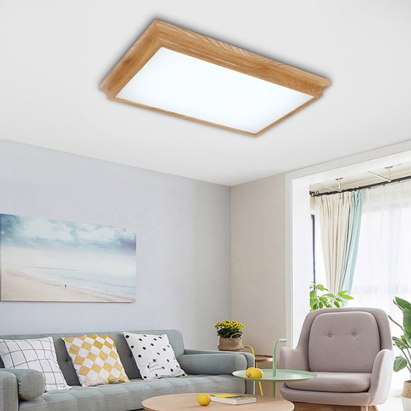 Rectangle Ceiling Mounted Light Modernism Wood Beige LED Flush Mount Lamp in White/Warm/Natural Light with Acrylic Diffuser, 10"/17" Wide