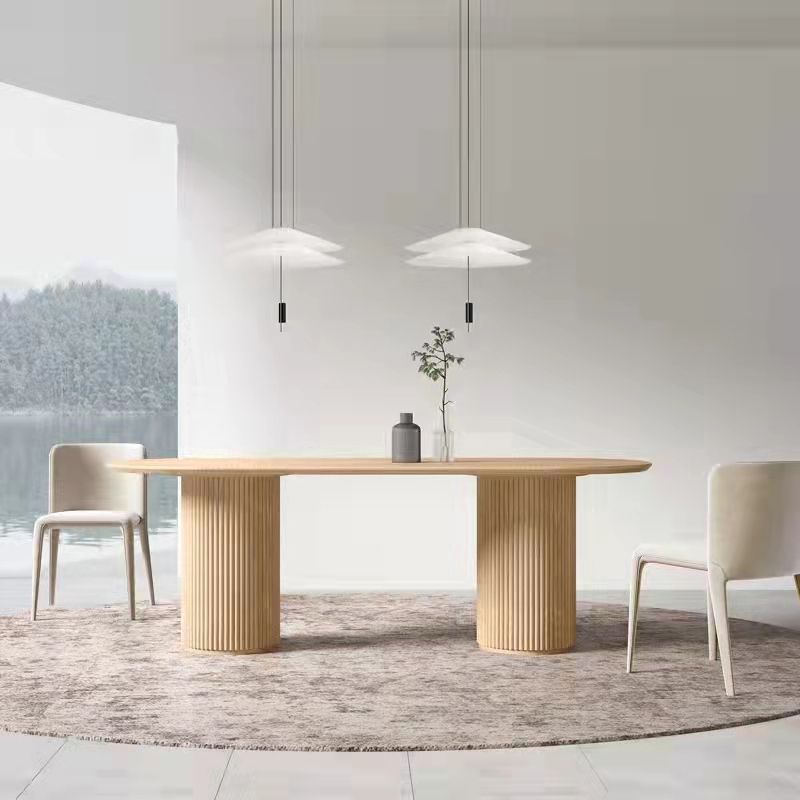 Table à manger ovale moderne en pierre frittée avec base à double piédestal