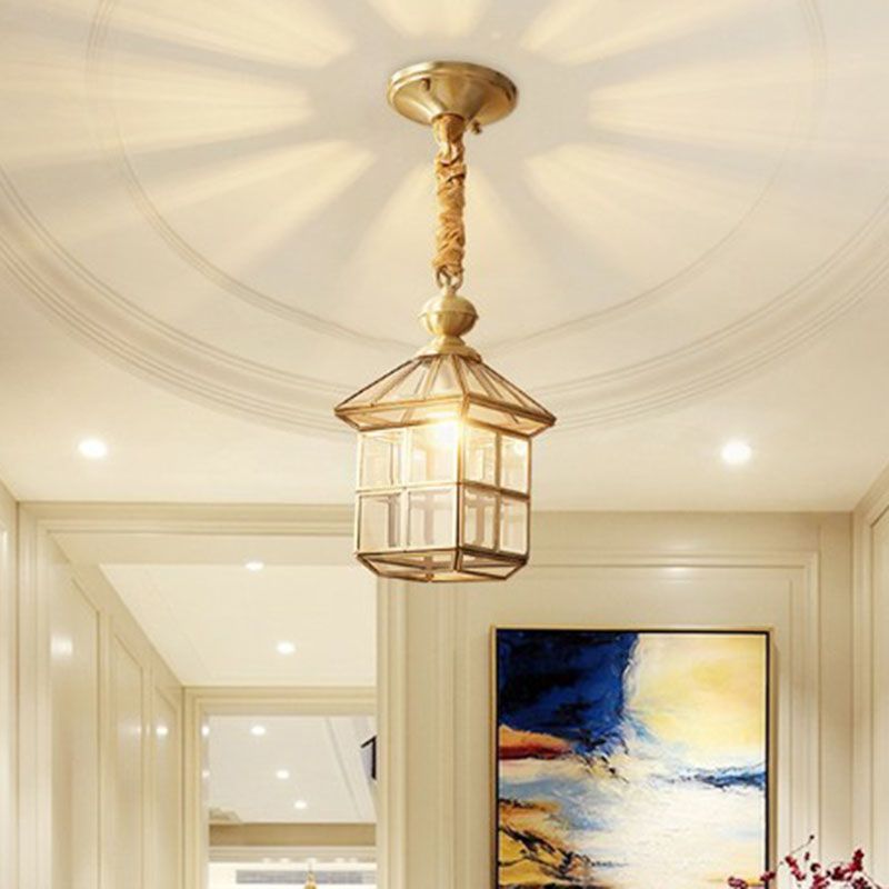 Traditional House Shaped Pendant Light Clear Glass Hanging Lamp in Brass for Foyer