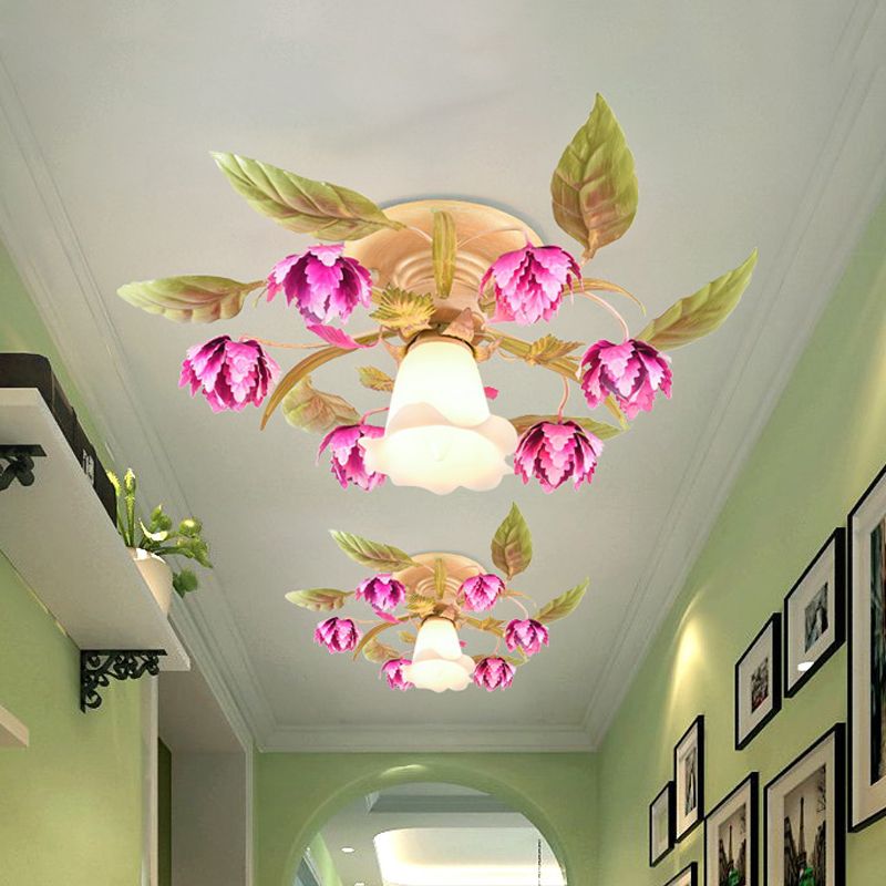 Rose rouge 1/4-Bulb Plafond Mount Light Coréen Garden Grossed Glass Flowerling Semi Flush Lightture pour Corridor