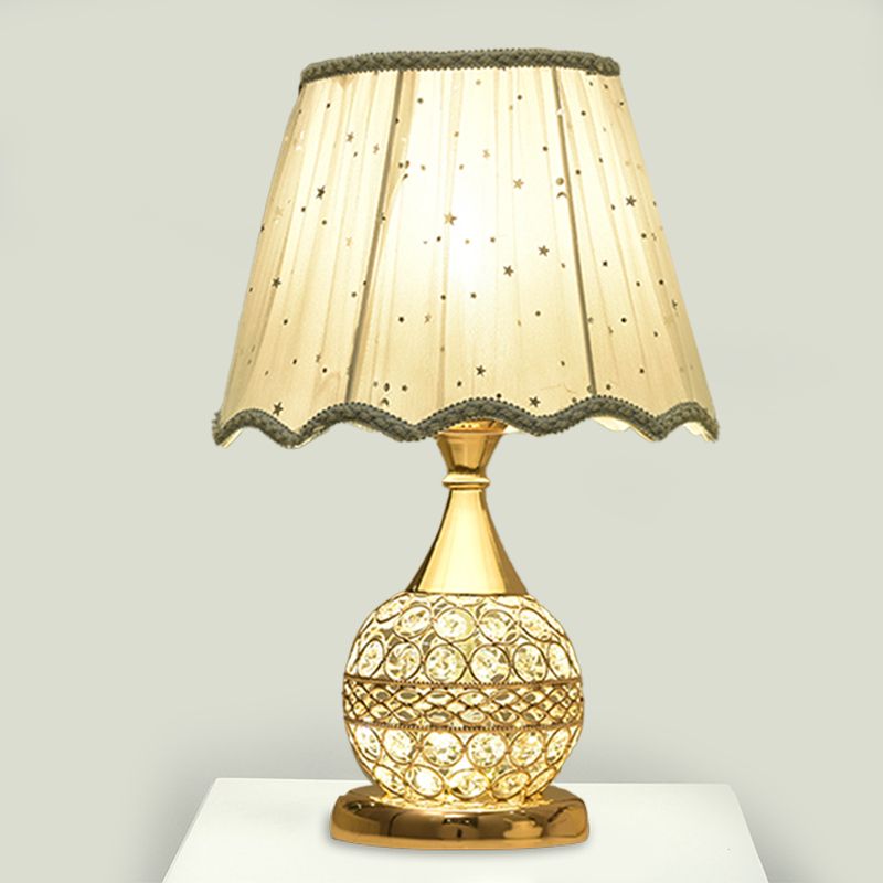 Crystal Embedded Gold Nightstand Lamp Sphere Framed 1 Bulb Traditional Table Light with Star-Patterned Shade