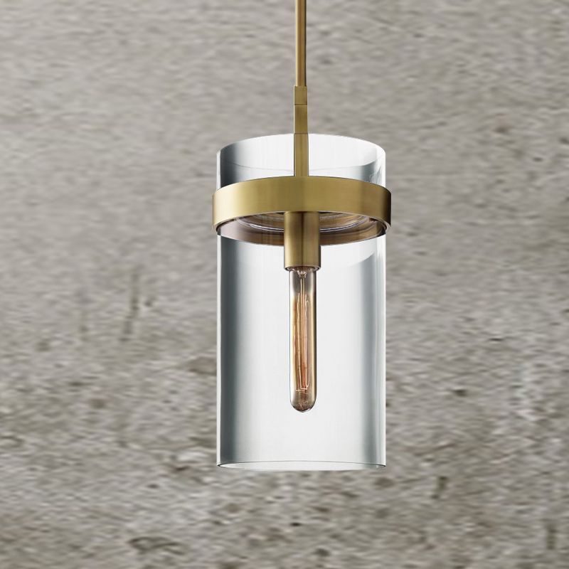 Brass Cylinder Ceiling Pendant Light Postmodern 1 Light Clear Glass Hanging Lamp Kit