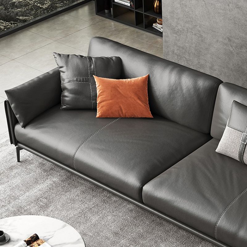 Mid-Century Modern Loose Back Sofa Gray Genuine Leather Aqure Arm Sofa
