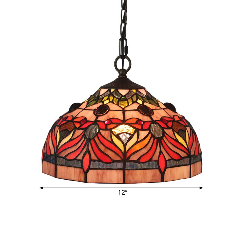 Kom schaduw hangend lamp bakje Tiffany gebrandschilderd glas 1 licht rode afwerking druppel hanger voor eetkamer