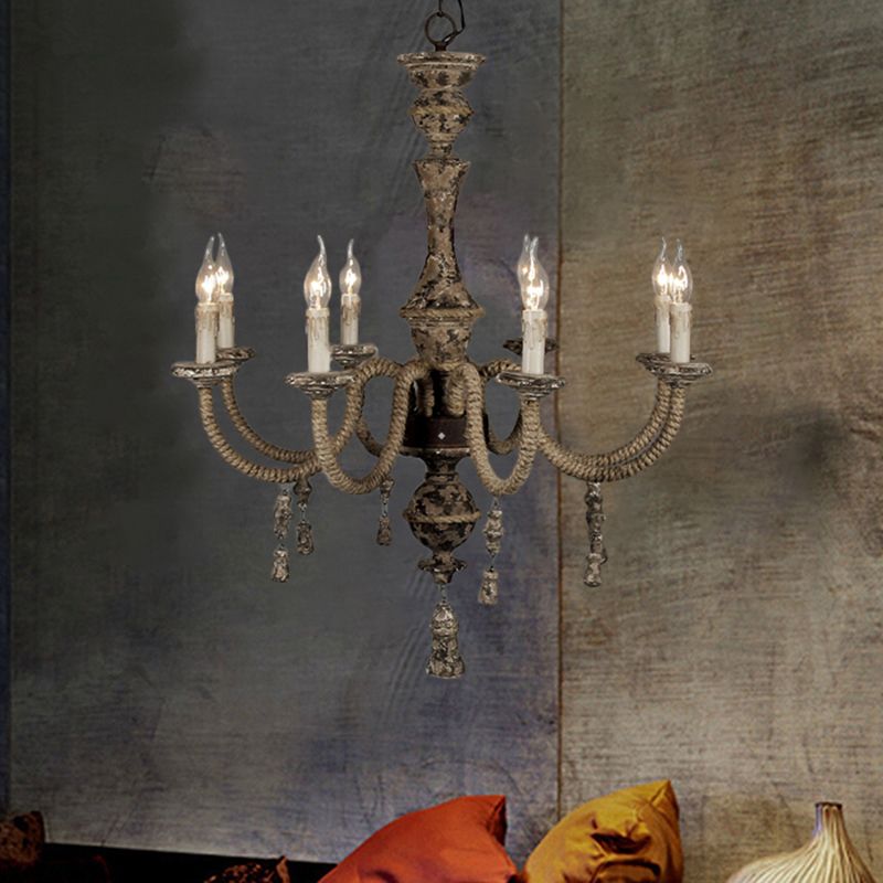 Candle Metal Chandelier Light Country 8 Lights Dining Room Pendant Lighting in Brown