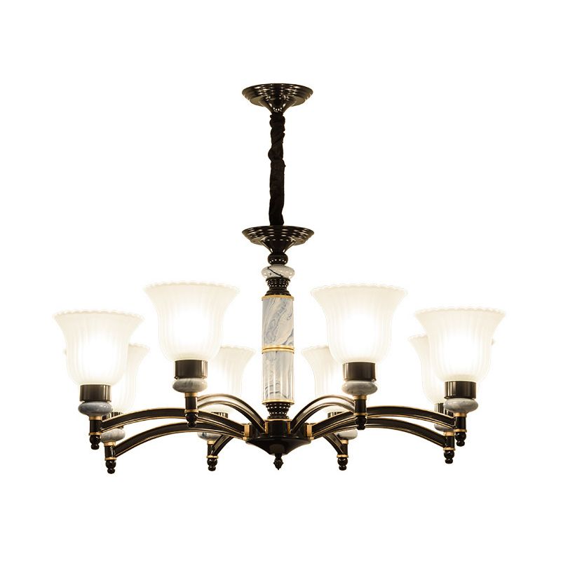 Ribbed Frosted Glass Flared Chandelier Vintage Bedroom Pendant Light with Scalloped Edge in Black