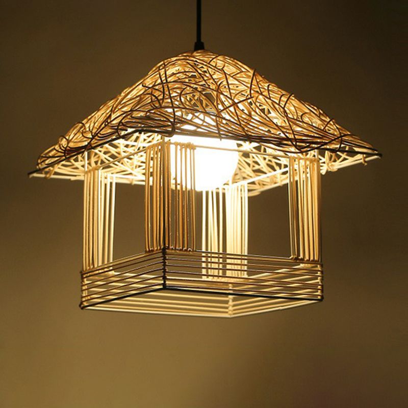 Rattan Cage Pendulum Light Country 1 Bulb Beige Hanging Ceiling Light for Restaurant