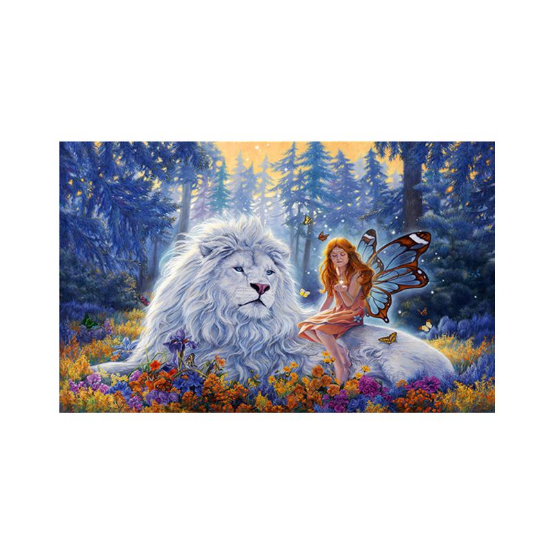 Lion Wrapped Canvas Mediterranean Mysterious Angel Wall Art Decor in Blue for Nursery