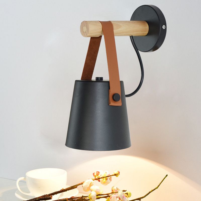 Metal Cone Sconce Light Modernist 1 Head White/Black Wall Lighting Fixture with Wood Arm