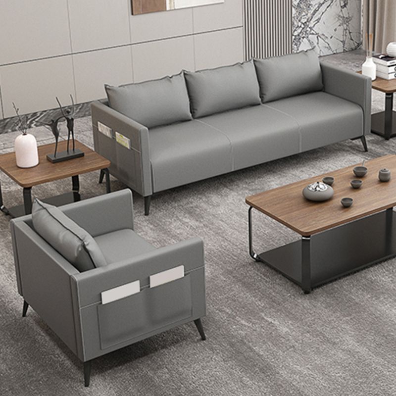 Leather Grey Sofa Stationary Square Arm Seating for Living Room