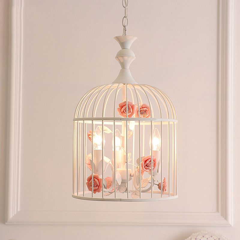3 Lights Chandelier Light Rustic Birdcage Metal Hanging Ceiling Light with Blue/Pink Flower Decoration