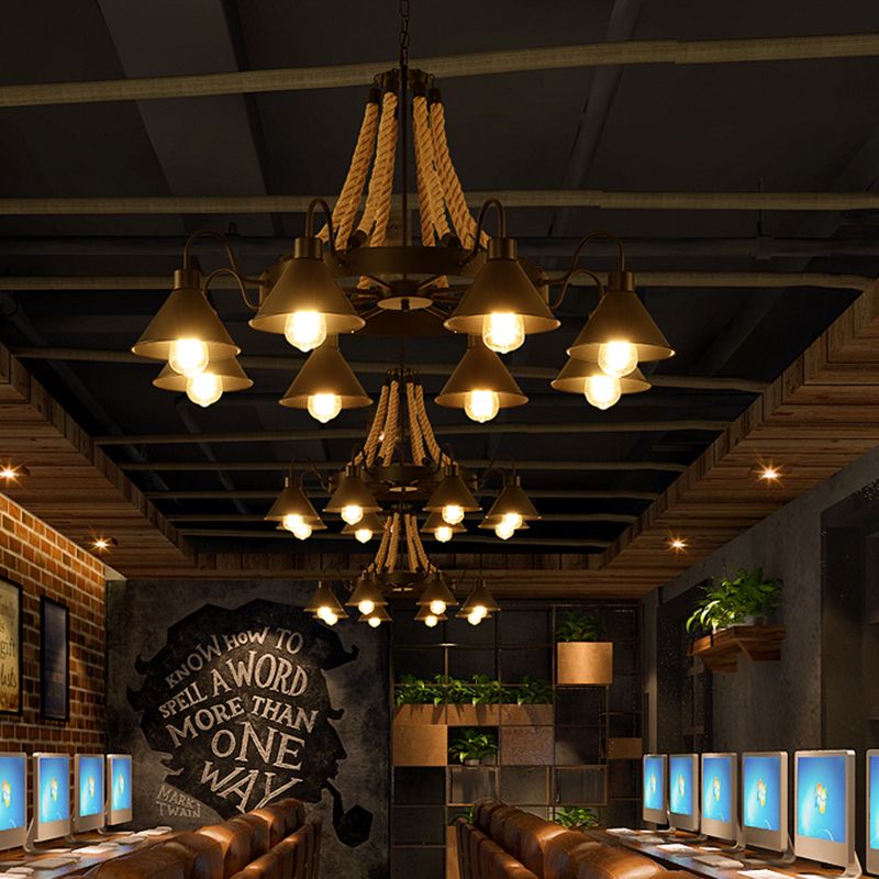 Black Wrought Iron Ceiling Hung Fixtures Vintage Rope Pendant Lighting for Bar