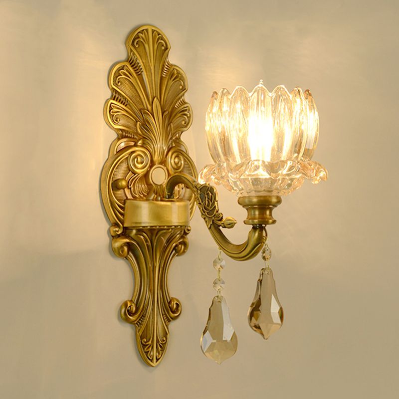 Mid Century Flower Shade Wall Sconce Light 1/2-Light Clear Glass Wall Mount Lamp in Brass