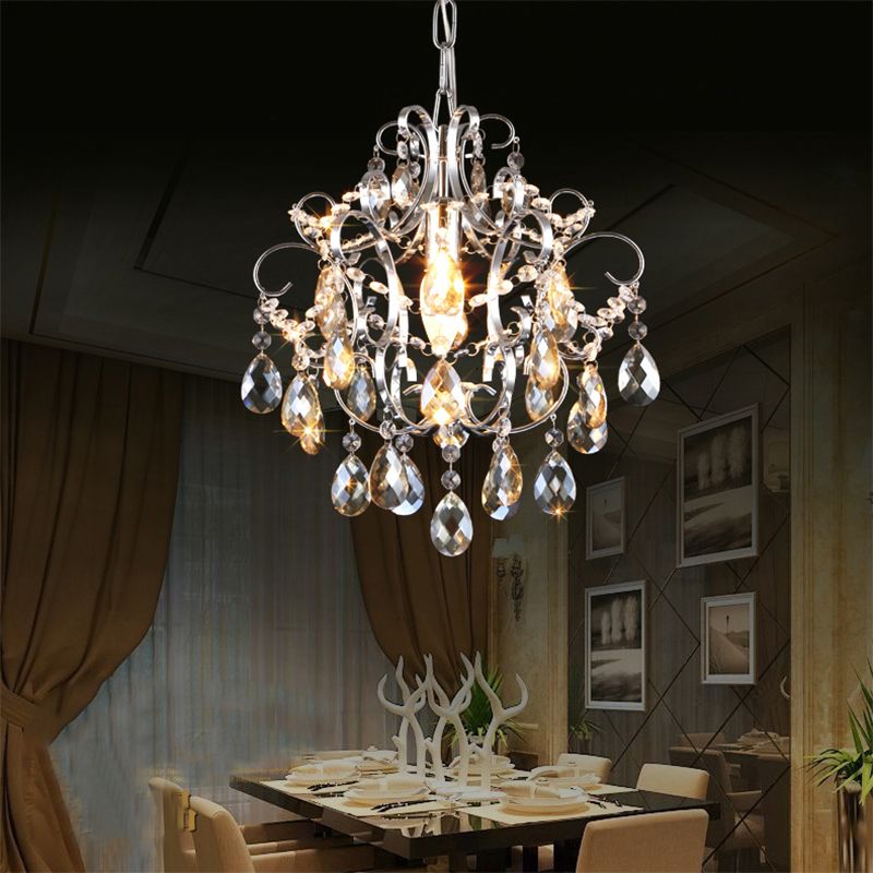 Crystal Drops Chandelier Curved Arm Polish Chrome Finish Chandelier