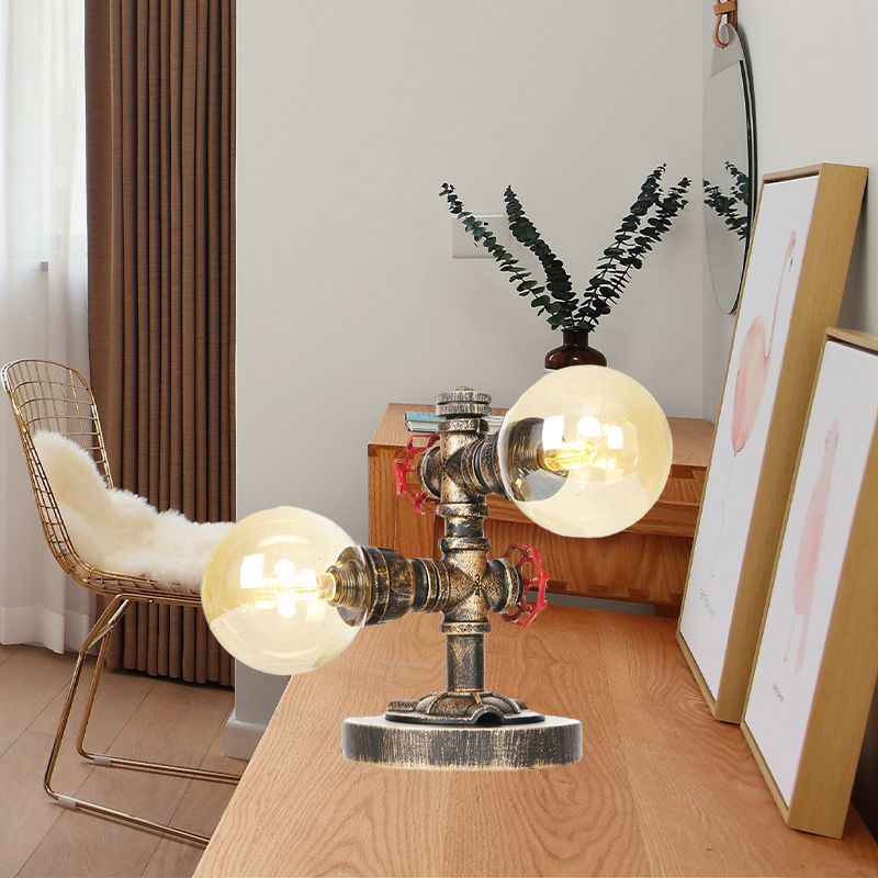 Tarea de sombra de plata de plata/bronce antiguo Lámpara industrial de la sala de estar de 2 luces Clear/Amber Glass.