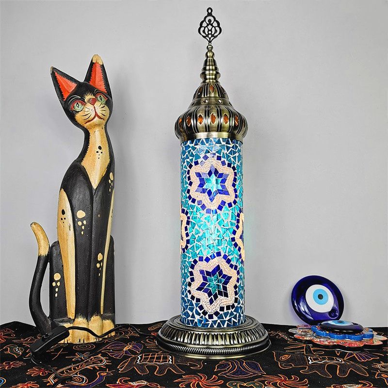 Lámpara de mesa de dormitorio de cilindro Vidroma manchado tradicional Amarillo/azul/LED de LED verde luz