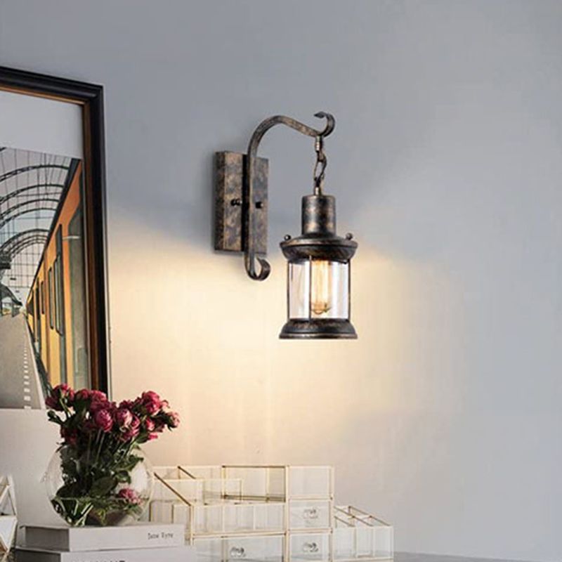 Lantern Wall Mount Light Fixture Coastal Clear Glass 1-Light Dining Room Wall Sconce Lighting with Curved Arm