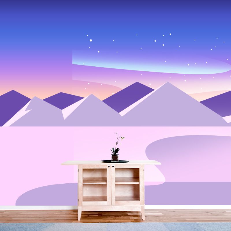 Whole Star and Aurora Mural Nordic Mystic Night Mountain Landscape Wall Decor in Purple-Blue