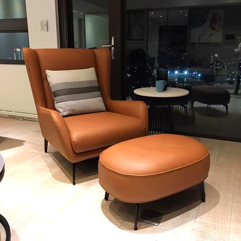 Genuine Leather Accent Chair 4 Legs Solid Color Room Chair for Living Room