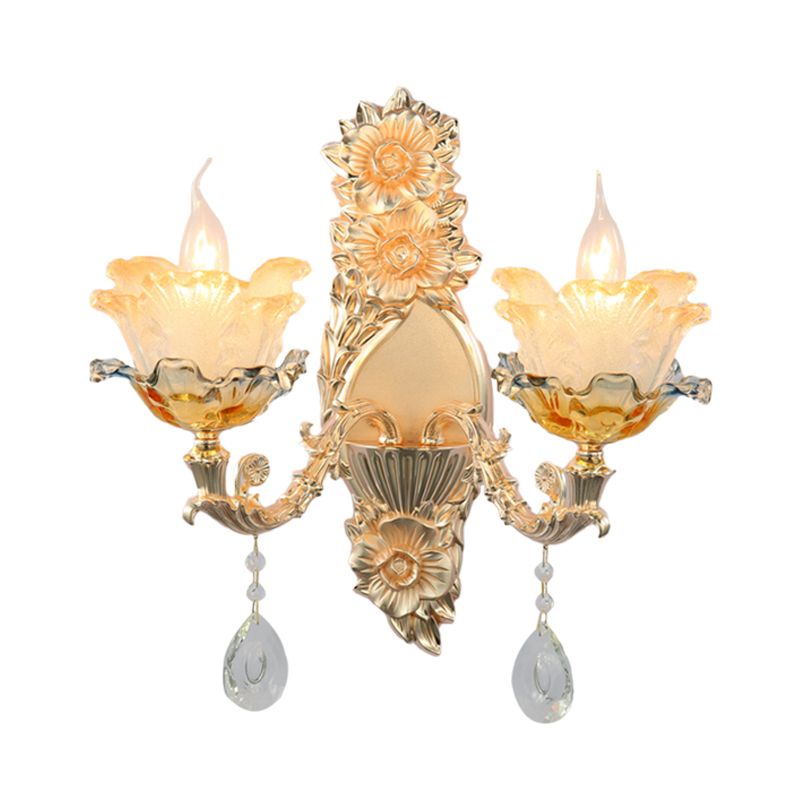 Mid-Century Flower Shade Wall Sconce 2 Heads Crystal Wall Mount Light Fixture in Gold