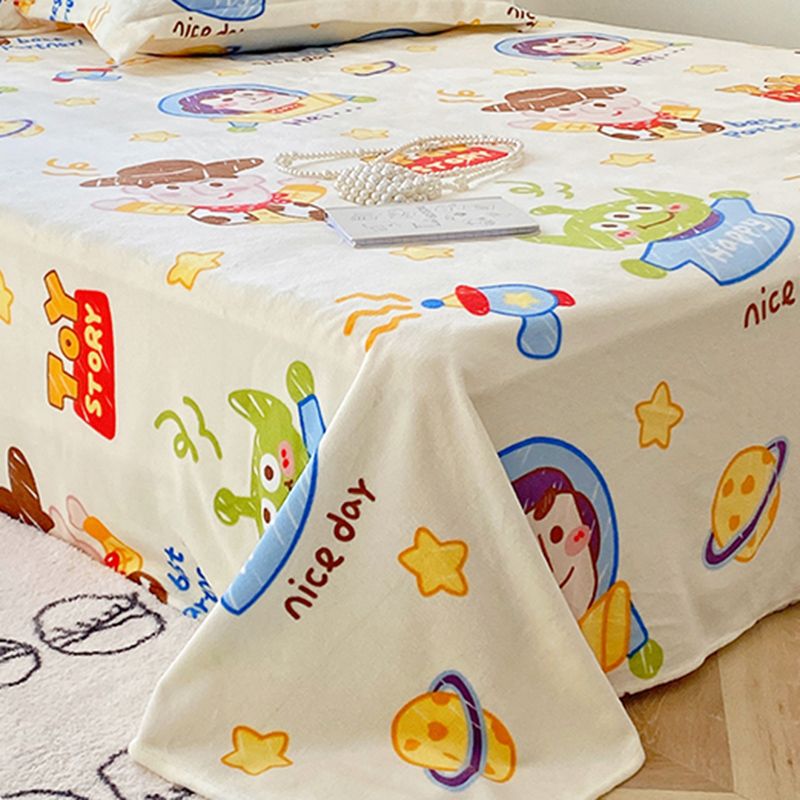 Cartoon Print Bed Sheet Set Flannel Super Soft Modern Pillowcase