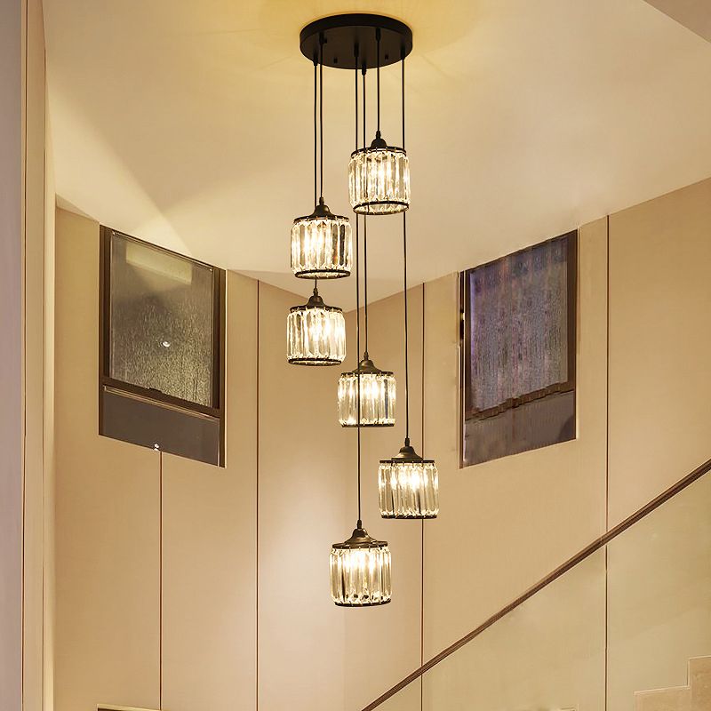 Drum Shade Crystal Multi Light Pendant Rustic Dining Room Down Lighting in Black