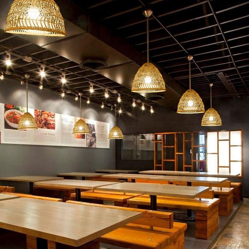Handcrafted Rattan Suspension Light Simplicity 1-Light Wood Pendant Light Fixture for Restaurant