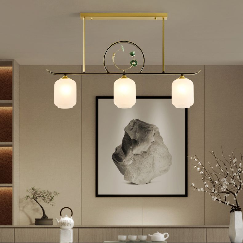 Modern Style Cylindrical Shape Island Lights White Glass 3-light Island Lighting in Gold