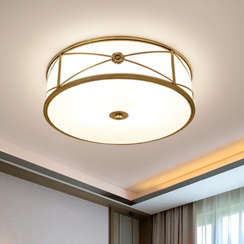 Drum Shaped Flush Mount Light Minimalist Brass White Glass Ceiling Lamp for Bedroom