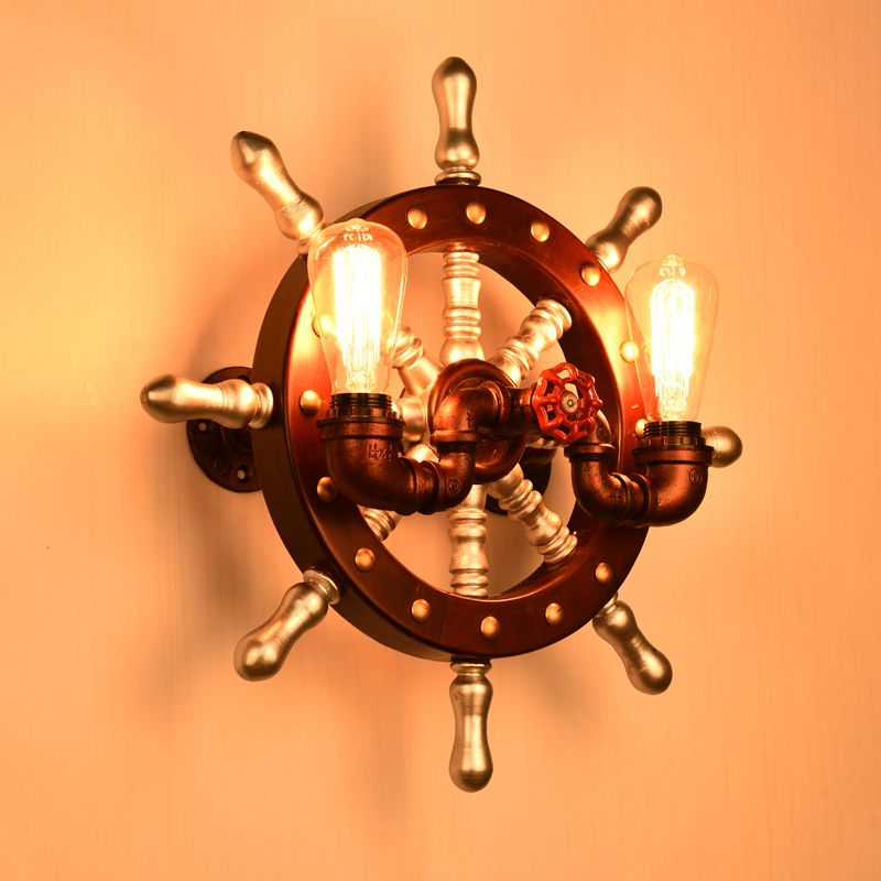Metal Rudder Wall Light Sconce Vintage 2 Lights Bedroom Wall Mount Lamp Fixture in Copper