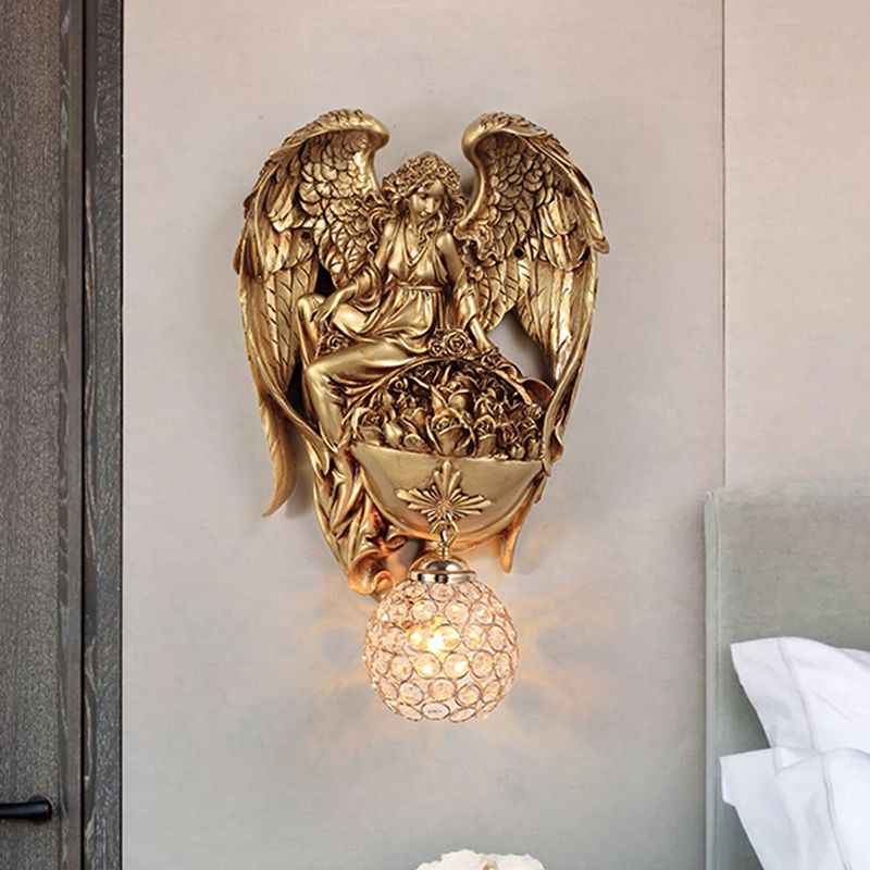 Single Light Wall Sconce Classic Style Water Drop/Dome Hand-Cut Crystal Wall Lighting Idea with Angel and Blossom Design in Gold/Dark Gold