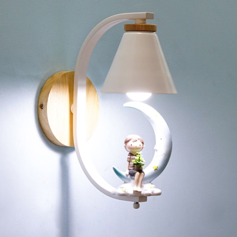Tapered Iron Wall Mount  Lamp Cartoon 1 Light Pink/Blue and Wood Sconce Light with Moon/Portrait Decor