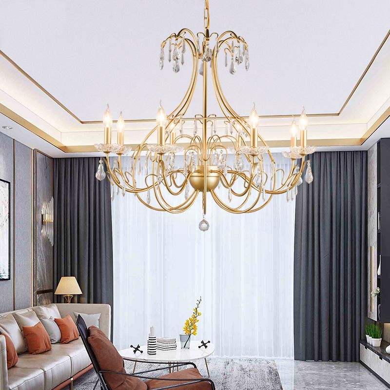 Messing Tränendrop Kronleuchter Lampe Land Metall 8 Glühbirnen Wohnzimmer Anhänger Light Kit mit baumelnden Kristall