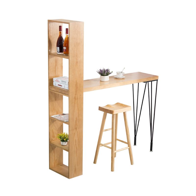 Modern Wood Natural Bistro Accent Dining Table Rectangle Bar Table with Wine Rack