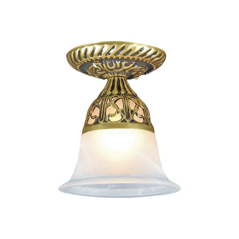 Bell Shape Hallway Flush Mount Lamp Farmhouse Frosted Glass 1-Head Brass Ceiling Light Fixture