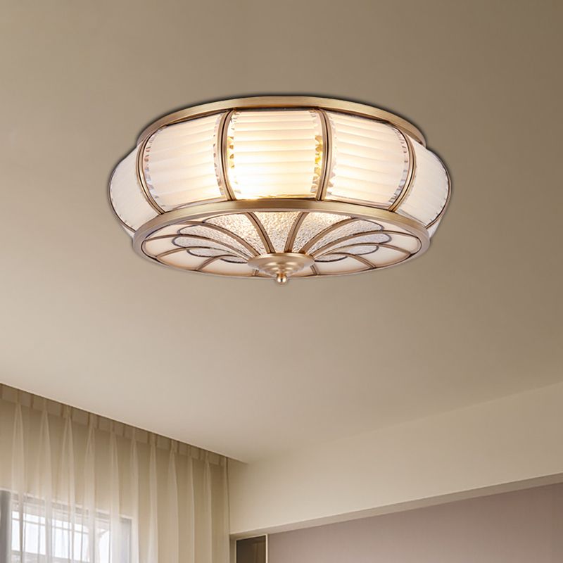 14"/16.5" W Cream Glass Drum Ceiling Lighting Colonial 3/4 Heads Bedroom Flush Mount Fixture in Brass