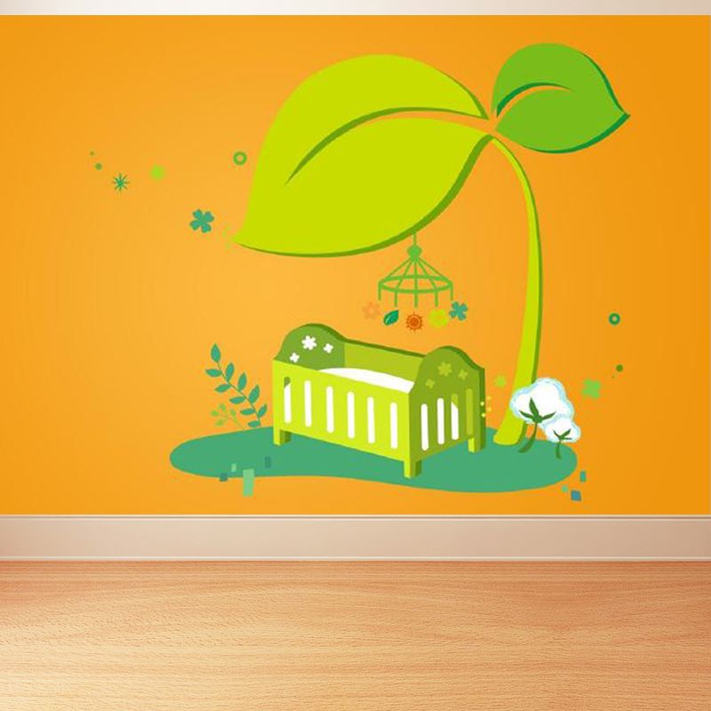 Cartoon Baby Crib Mural Decal for Nursery Customized Wall Covering in Green on Orange