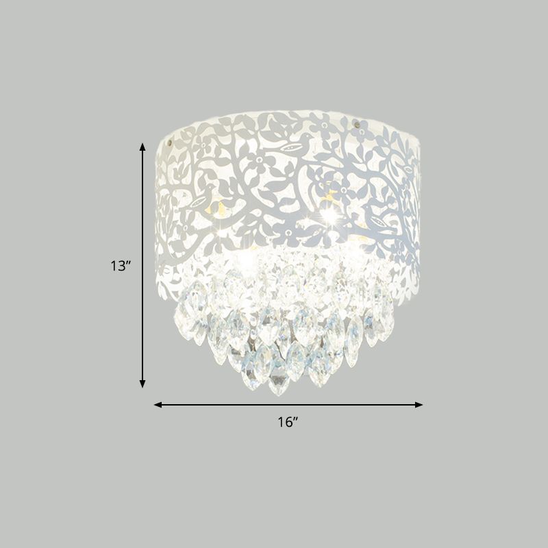 Tree Girls Bedroom Flush Mount Light with Crystal Leaf Metal Luxurious Ceiling Light in White