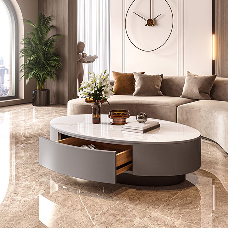 Oval Stone Coffee Table 1 Single Cocktail Table with 1 Storage Drawer