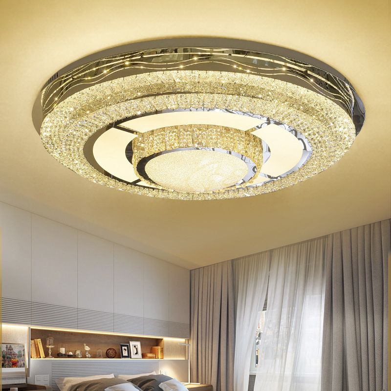 Contemporary Round Ceiling Lamp Clear Rectangular-Cut Crystals LED Flush Mount Light in Stainless-Steel