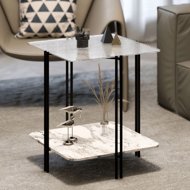 Modernistic Glass Top Square End Table 23.7" Tall Side Table with Shelf