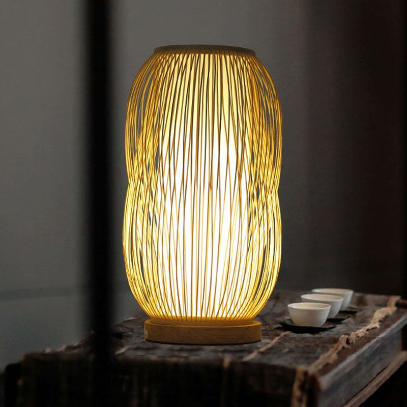Cylinder Desk Light Chinese Bamboo 1 Bulb Task Lighting in Wood with Circular Wood Base