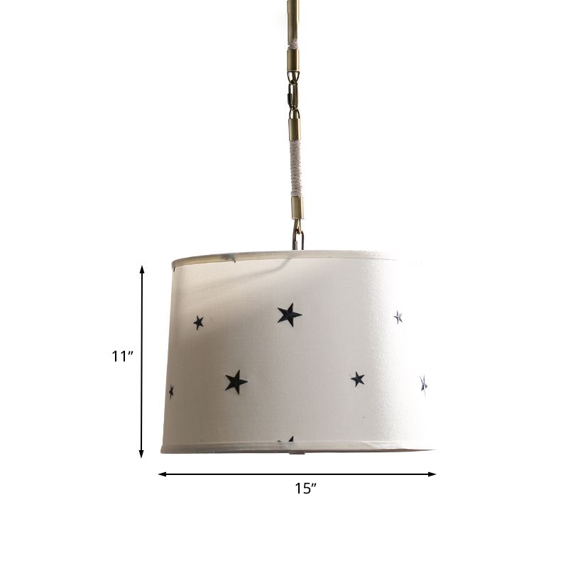 Drum Fabric Chandelier Light Fixture Kids 5 Bulbs Beige Suspension Lighting with Star Pattern for Bedroom