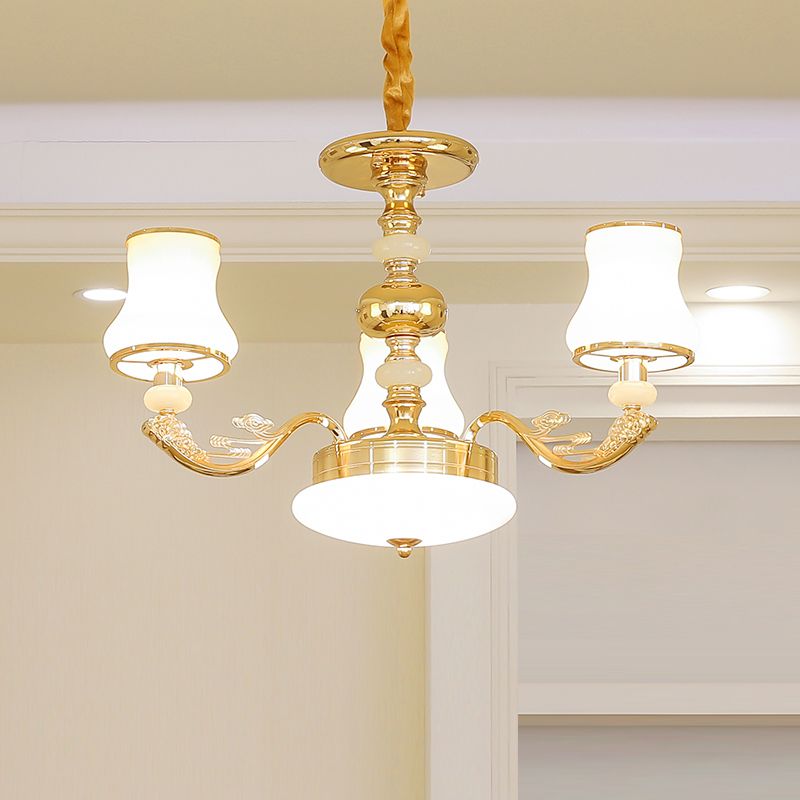 Gold Finish Ceiling Chandelier Transitional White Glass Curve Shade Pendant Lighting