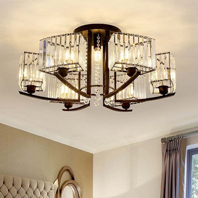 Rectangle Bedroom Semi Flush Ceiling Light Crystal Contemporary Flush Mount Lamp in Black