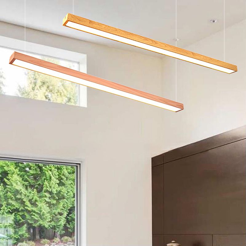 Led Office Pendant Lighting with Slim Rectangular Linear Wooden Shade Minimal Dark Brown/Light Brown Hanging Ceiling Light Fixture